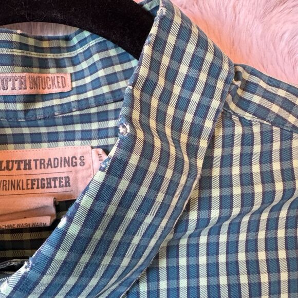 Duluth‎ Trading Shirt L Wrinkle Fighter Untucked Long Sleeve Button Green Plaid - Picture 7 of 11